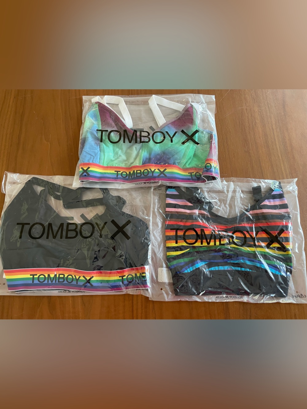 TomboyX Rainbow Band Bralette Trio in Black, Multicolor, Teal/Magenta